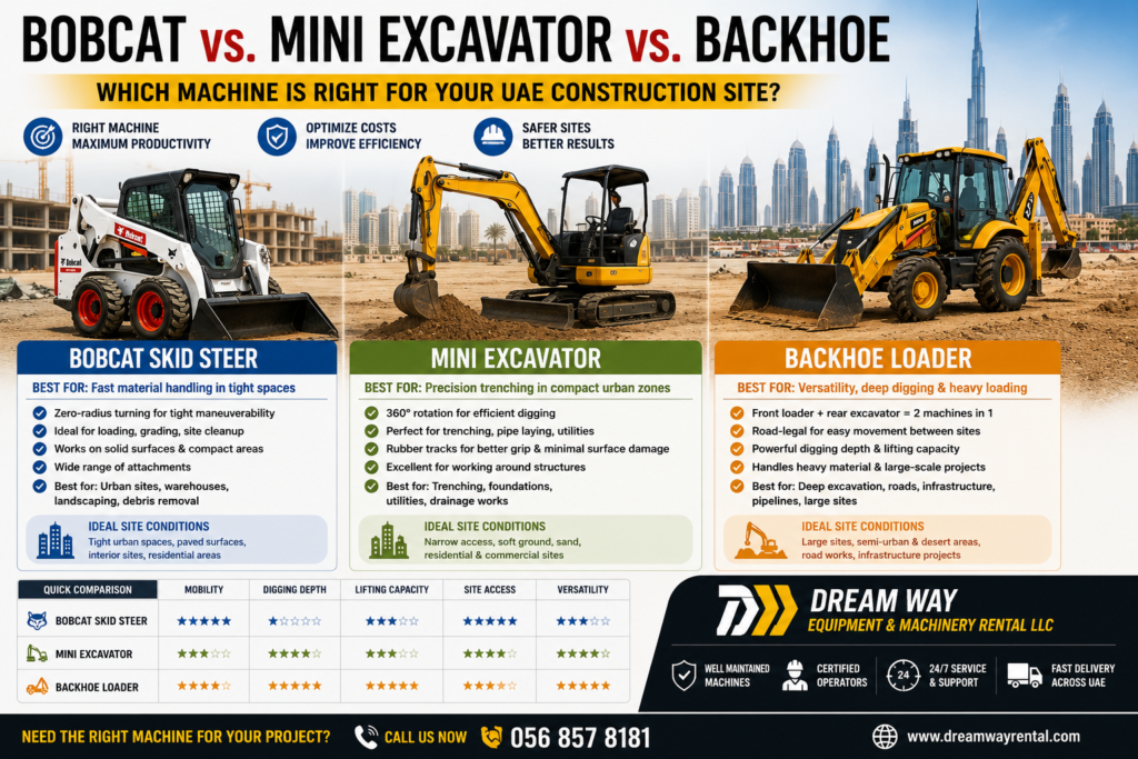 Bobcat vs. Mini Excavator vs. Backhoe for UAE Construction Sites ...
