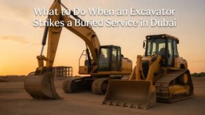 Excavator stopped after striking buried service on Dubai construction site with exclusion zone set around the trench