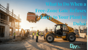 Low bed truck with boom lift stopped at JAFZA free zone gate in Dubai